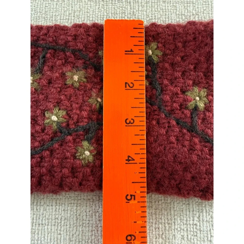 NWT Hand Knit Alpaca Blend Fleece Lined Ear Warmer Burgundy Embroidered Floral
